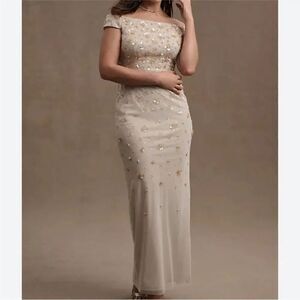 BHLDN Rosie Off-Shoulder Beaded Back-Slit
Column Gown